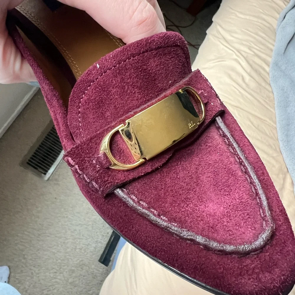 Ralph Lauren Purple Label Burgundy Suede Horsebit Pumps Gold Bit Made in Italy - Picture 9 of 11